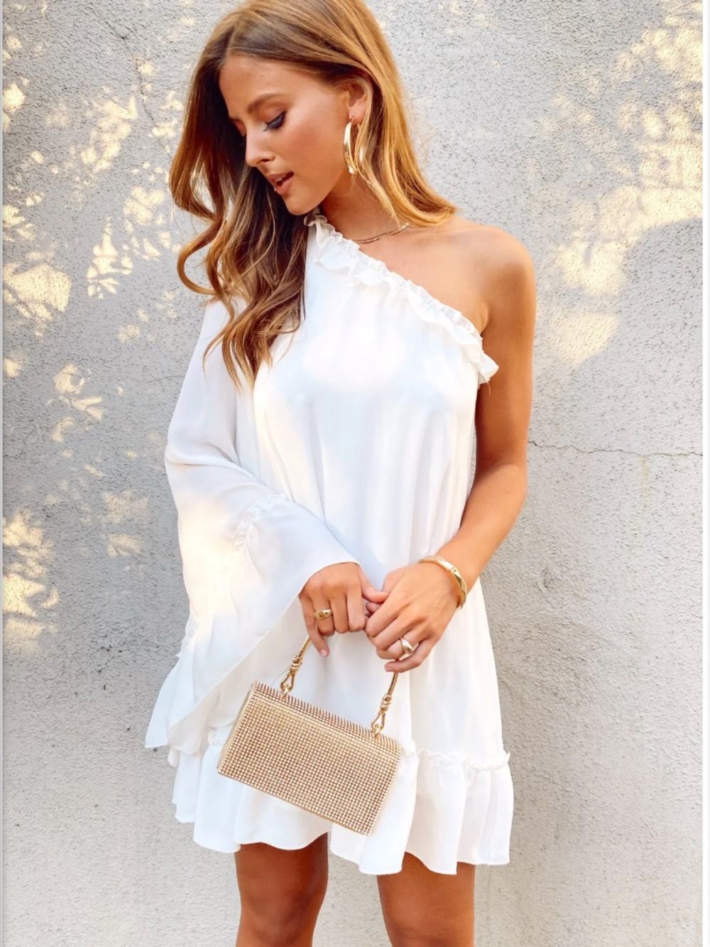 NWT One-Shoulder White Ruffle Mini Dress